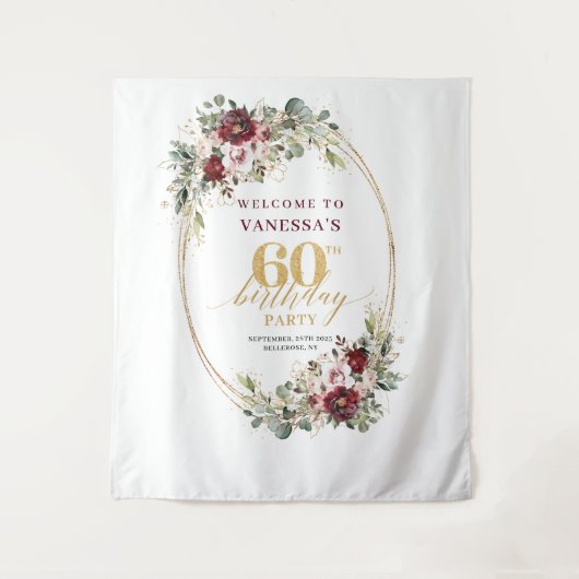 Glam Boho Burgundy Gold Floral 60th Birthday Prop Wandteppich (Vorderseite)