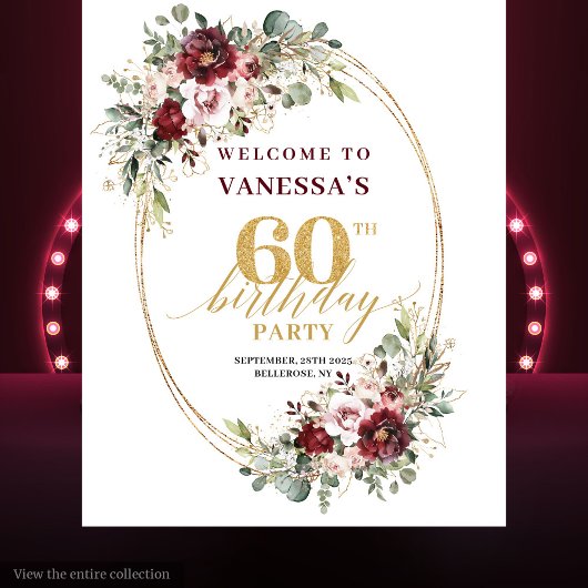 Glam Boho Burgundy Gold Floral 60th Birthday Prop Wandteppich