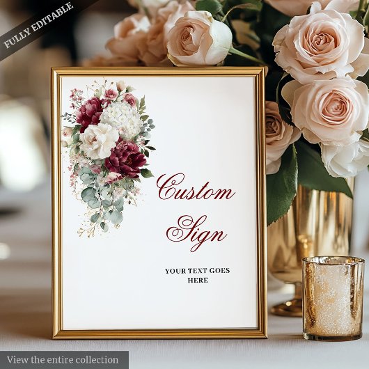 Glam Boho Burgundy White Wedding Custom Sign Poster