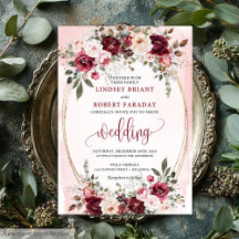 Glam Boho Dark Red Gold Floral Wedding Invitation