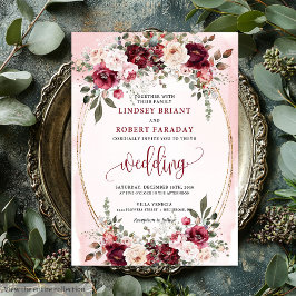 Glam Boho Dark Red Gold Floral Wedding Invitation Einladung