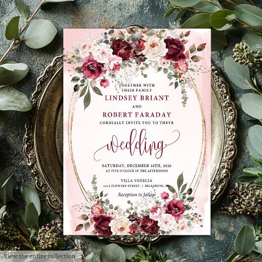 Glam Boho Dark Red Gold Floral Wedding Invitation Einladung