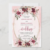 Glam Boho Dark Red Gold Floral Wedding Invitation Einladung (Vorderseite)