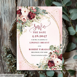 Glam Boho Deep Red Blush Gold Flowers Save Date Einladung