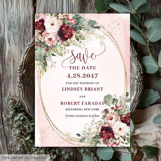 Glam Boho Deep Red Blush Gold Flowers Save Date Einladung