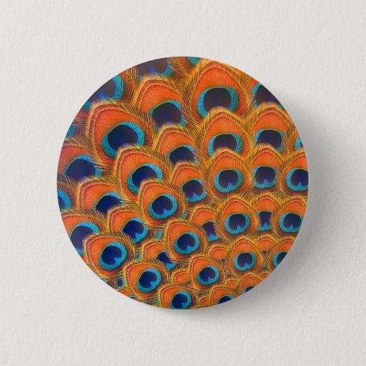 Glam Boho Orange Blue Peacock Feathers Button (Vorderseite)