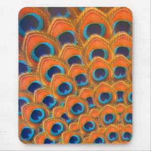 Glam Boho Orange Blue Peacock Feathers Mousepad