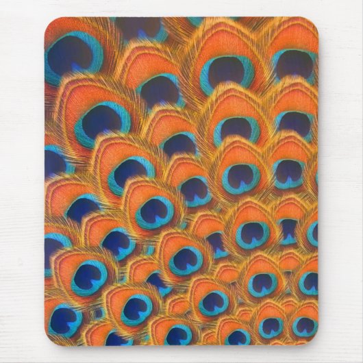 Glam Boho Orange Blue Peacock Feathers Mousepad (Vorne)