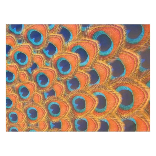 Glam Boho Orange Blue Peacock Feathers Tischdecke (Vorderseite (Horizontal))