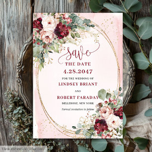 Glam Boho Tiefroter Rouge Goldene Blumen Termin me Einladung