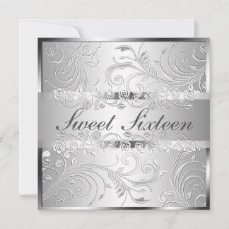 Glam Bright Silver Floral Pattern 16 . Geburtstag Einladung