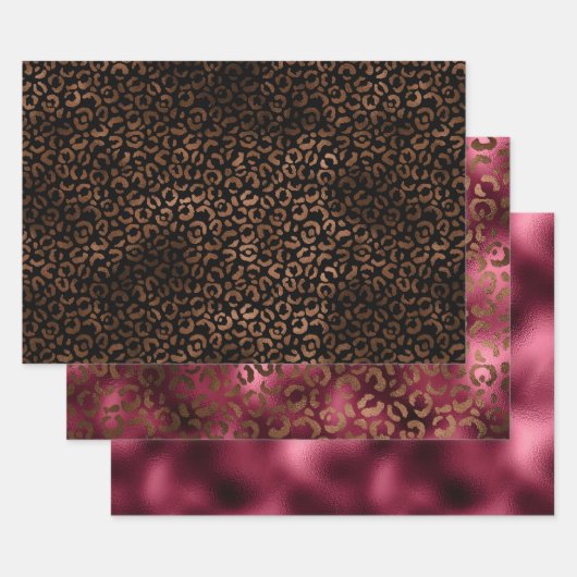 Glam Brown Black Burgund Leopard Print Geschenkpapier Set (Set)