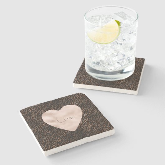 Glam Brown Black Leopard Print Heart Steinuntersetzer (Seitenansicht)