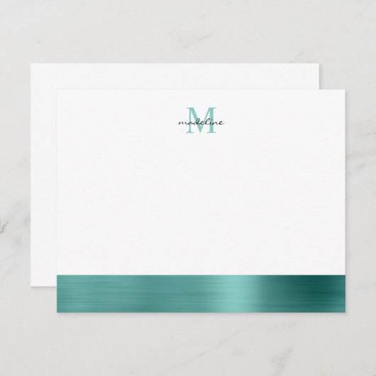 Glam Brushed Metal Aquamarin Green Girly Monogram Mitteilungskarte (Vorne/Hinten)