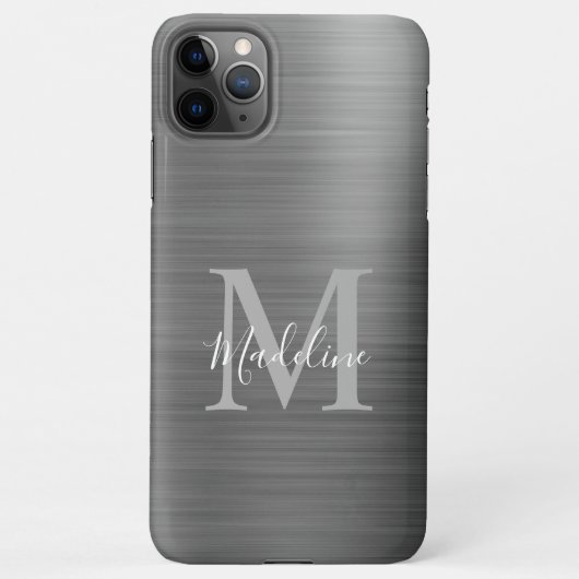 Glam Brushed Metallic Silver Gray Monogram iPhone Hülle (Rückseite)