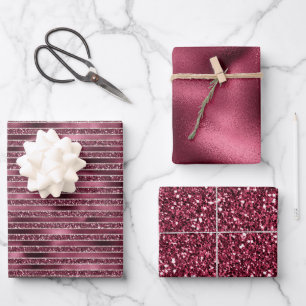 Glam Burgund Rote Rose Pinselstrich Glitzer Geschenkpapier Set