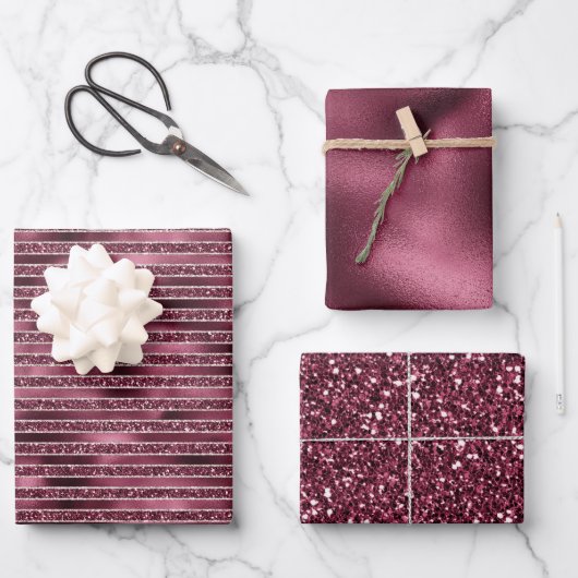 Glam Burgund Rote Rose Pinselstrich Glitzer Geschenkpapier Set (Vorderseite)