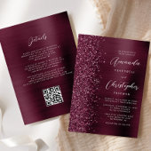 Glam Burgundy Brushed Metal QR Code Wedding Einladung