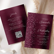 Glam Burgundy Brushed Metal QR Code Wedding