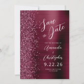 Glam Burgundy Brushed Metal Script Save the Date Ankündigung (Vorderseite)