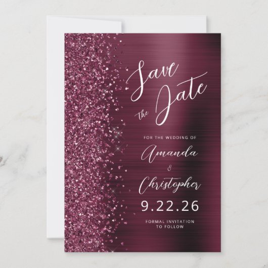 Glam Burgundy Brushed Metal Script Save the Date Ankündigung (Vorderseite)