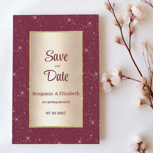 Glam burgundy gold Glitzer confetti Save the Date Einladung