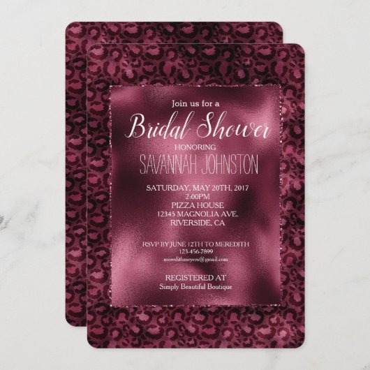 Glam Burgundy Leopard Print Brautparty Einladung (Vorne/Hinten)