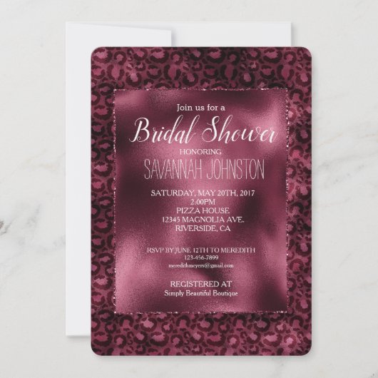 Glam Burgundy Leopard Print Brautparty Einladung (Vorderseite)