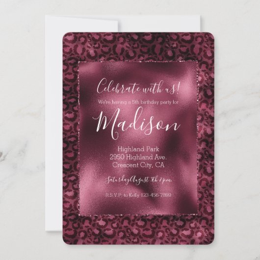 Glam Burgundy Leopard Print Einladung (Vorderseite)
