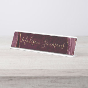 Glam Burgundy Red Gold Agate Geode Feminine Script Schreibtischnamensplakette