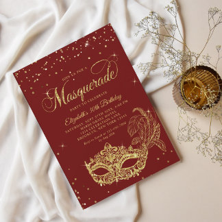 Glam Burgundy Red Gold Glitzer Masquerade Geburtst Einladung
