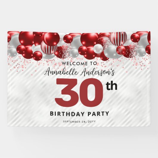 Glam Burgundy Red Silver Balloon Glitzer Willkomme Banner (Horizontal)