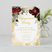 Glam Burgundy Rose Floral Engagement Party Folieneinladung (Stehend vorne)