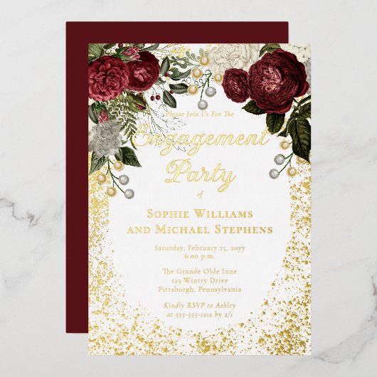 Glam Burgundy Rose Floral Engagement Party Folieneinladung (Vorderseite/Rückseite)