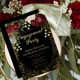 Glam Burgundy Rose Floral Engagement Party Folieneinladung