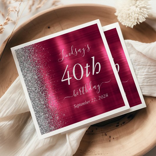 Glam Burgundy Silver Glitzer 40. Geburtstag Party Serviette