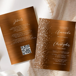 Glam Burnt Orange Brushed Metal QR Code Wedding Einladung