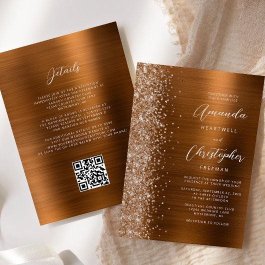 Glam Burnt Orange Brushed Metal QR Code Wedding Einladung