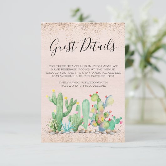 Glam Cactus Wedding Guest Details Card Begleitkarte (Stehend Vorderseite)