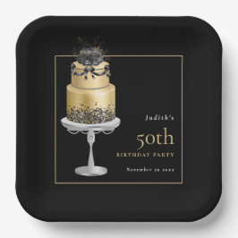 Glam Cake Florals Gold 50. Geburtstag Schwarz Pappteller