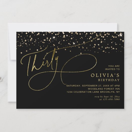 Glam Calligraphy Black Gold Confetti 30. Geburtsta Einladung (Vorderseite)