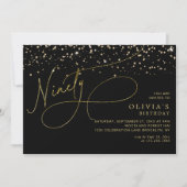 Glam Calligraphy Black Gold Confetti 90. Geburtsta Einladung (Vorderseite)