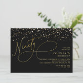 Glam Calligraphy Black Gold Confetti 90. Geburtsta Einladung (Stehend Vorderseite)