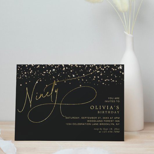 Glam Calligraphy Black Gold Confetti 90. Geburtsta Einladung