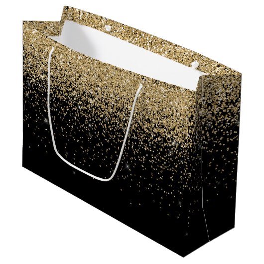 Glam Cascades Gold Glitzer Black Background Große Geschenktüte (Vorderseite Schrägansicht)