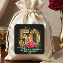 Glam Chic Black Gold Red Rose Floral 50th Birthday