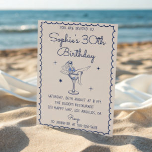 Glam Chic Blaue Martini-Glas 30. Geburtstag Einladung