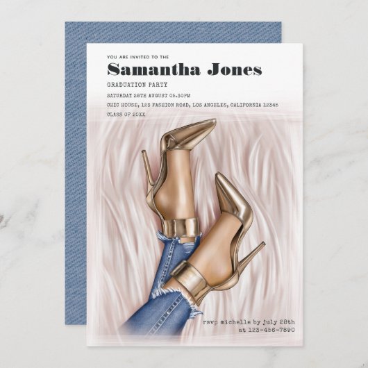 Glam Chic Fashion Denim Graduation Party Einladung (Vorne/Hinten)