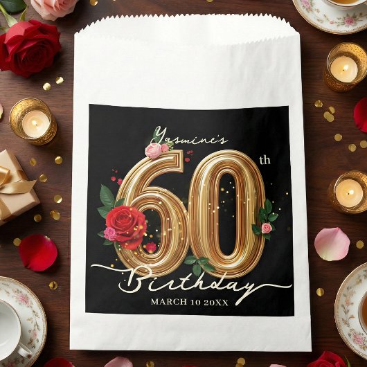 Glam Chic Gold Red Roses on Black 60th Birthday Geschenktütchen