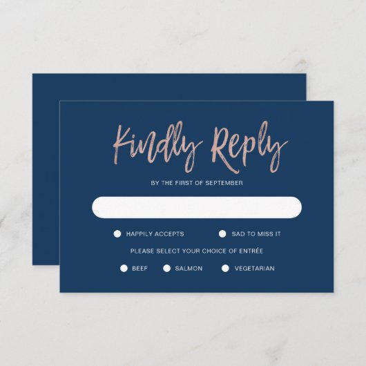 Glam Chic Navy Blue & Rose Gold Wedding RSVP Card (Vorne/Hinten)